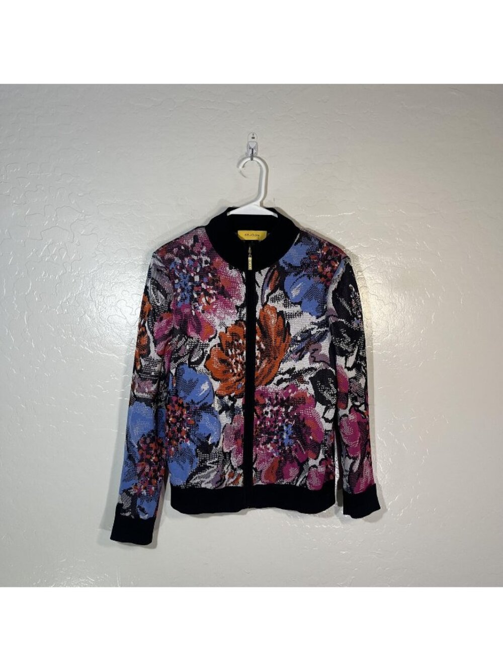 St. John Cardigan Sweater Womens Small Multicolor Floral Mock Neck Full Zip Knit